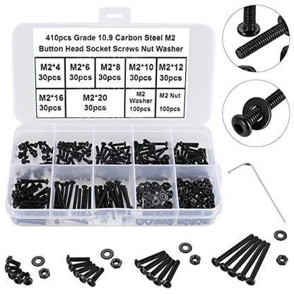410Pcs Tiny Button Head Hex Socket Cap Screws, Black Grade 10.9 Alloy Steel, M2 x 4/6/8/10/12/16/20mm Allen Head Machine Screws, Nuts and Washers Kit with Hex Key, Fully Threaded Pitch: 0.4mm - color: Black-410Pcs M2 Button Head Socket Screw-10.9