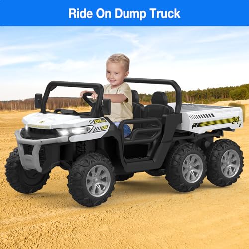Hetoy 24V 2-Seater Ride On Dump Truck with Parent Remote Control, 4WD 6-Wheel Electric Car for Big Kids, UTV Style Dump Bed & Music Horn, ASTM/CPSIA Certified (Ages 3+) - color: White