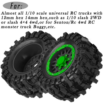 12mm/14mm/17mm RC Truck Wheel Tires for 1/10 Rustler Stampede Hoss,Granite Vorteks Big Rock,Axia 1 L0si Red cat Rc 4wd,Hard Plastic RC Truck Tires,RC Monster Truck Car Wheels,4PCS Green - color: Green&black