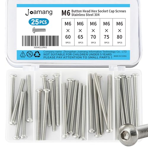 M6 x 60mm 65mm 70mm 75mm 80mm Button Head Socket Cap Screws Bolts, Stainless Steel 304, Metric Allen Hex Drive, Bright Finish, Fully Threaded, Assortment Kit 25PCS - size: Button M6x60-80mm