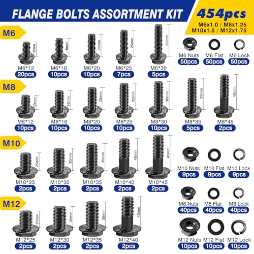454 pcs Metric Flange Bolt Assortment Kit- Grade 10.9 M12 M10 M8 M6 Nuts and Bolts Assortment Kit, Black zinc Plating Hex Bolts and Nuts Washers,Metric Bolt Assortment for Automotive