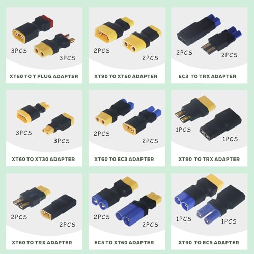 36PCS RC Battery Adapter Kit for Traxxas, T Plug, XT30, XT60, XT90, EC3, EC5 Connectors, No Wires Solderless Adapter Kit for RC Car FPV Drone Helicopter Lipo NiMH Battery - size: 18 Pair Adapter Set