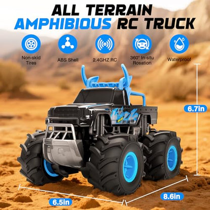 Remote Control Car for Kids, Waterproof RC Monster Truck with Gesture Band | All Terrain Waterproof RC Car Drives on Land and Water with 4WD, LED Lights, Spray, 360° Stunts, Tracks and 50+ Min Play - color: Blue