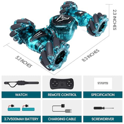 Tecnock Remote Control Car for Boys Girls, 2.4GHz 4WD Gesture Sensing RC Stunt Car Toys - 360° Rotating Double Sided Hand Controlled RC Cars with LED Lights, Gifts for Kids Ages 6-8, 8-12 - color: Deep Green