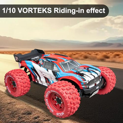 LRFHL MX28 F/R 2.8" RC Monster Truck Tires and Wheels 4PCS, Red | 12mm/14mm Hex Adapter, 1/10 RC Monster Truck, Compatible with Traxxas Stampede Rustler Redcat Arrma Vorteks Big Rock Granite - color: Red Tires+ Red Hex Wheel-3