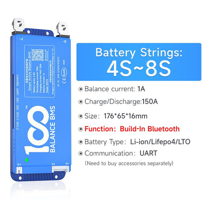 DALY Smart BMS 24V-60V 150A Built-in 1A Active Balancer | Bluetooth App Monitoring. 8S-17S LiFePO4 Li-ion LTO Support. Designed for E-Bikes, Golf Carts, RVs, Solar Systems - style: 150A 8-17S BT