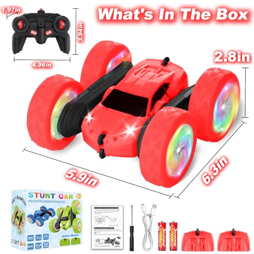 Remote Control Car, Outdoor Toys RC Cars for Kids Ages 6-12, 4WD Double Sided Stunt Vehicle with Upgraded USB-C Modular Batteries, 5 6 7 8 9 10+ Year Old Boy Birthday Red - color: Red