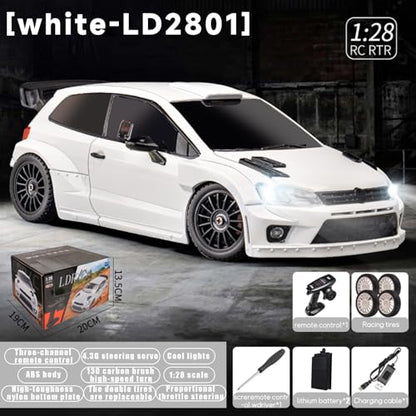 LDRC 2801 1/28 Mini RC Drift Car GTR 2.4GHz 4WD RTR with 4PCS Drift Tires Racing Radio Control Cars (White) - color: White
