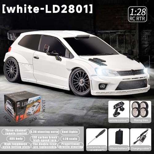 LDRC 2801 1/28 Mini RC Drift Car GTR 2.4GHz 4WD RTR with 4PCS Drift Tires Racing Radio Control Cars (White) - color: White