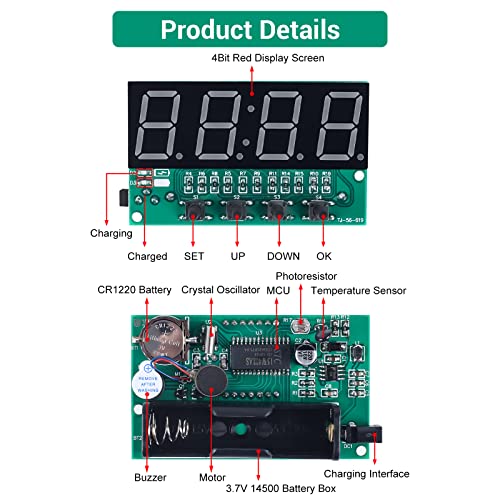 MiOYOOW DIY Electronic Clock Soldering Kit, Rechargeable 4-Digit Digital Alarm Clock with Light Sensor, SMD SMT Soldering Practice Kit, STEM Electronics Project for School Learning and Daily Use - color: 4 Digit Rechargeable Clock Kit