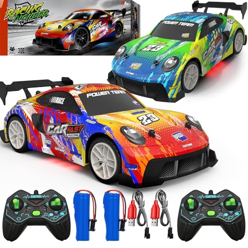 2 Pack RC Cars for Kids and Boys, Girls 4-7-8-12, Remote Control Car, LED Lights, 4WD Racing Cars,2.4GHz Dual Player, Colorful Graffiti Designs, Ideal Fun Easter Gift for Kids