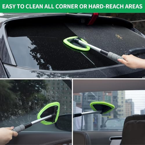 Windshield Cleaner Tool – Car Interior Glass Cleaning Kit with Extendable Handle & 4 Microfiber Pads, Auto Glass Wash Brush for Car Detailing, Trucks, SUVs, RVs & Home Windows