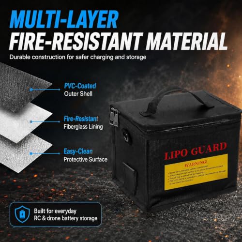 LiPo Safe Bag Fireproof Explosionproof Battery Storage & Charge Safe Pouch | Fire Resistant Large Capacity Battery Guard Bag with Side Charging Port, Double Zipper, Reinforced Handle & Shoulder Strap - color: Black