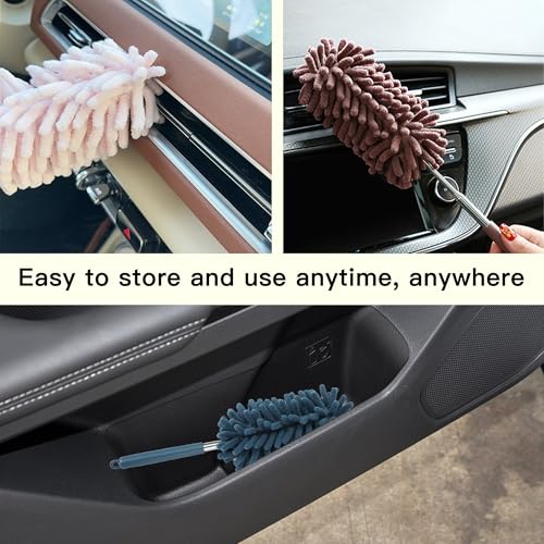 2PCS Car Interior Duster with Extension Pole, Microfiber Retractable Dusters Auto Dash Cleaning Tool, Soft Chenille Hand Washable Dusters for Vehicle Window Office Furniture (Blue) - color: Blue