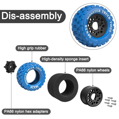 LRFHL MX28 F/R 2.8" RC Monster Truck Tires and Wheels 4PCS, Blue | 12mm/14mm Hex Adapter, 1/10 RC Monster Truck, Compatible with Traxxas Stampede Rustler Redcat Arrma Vorteks Big Rock Granite - color: Blue Tires+ Black Wheel-6