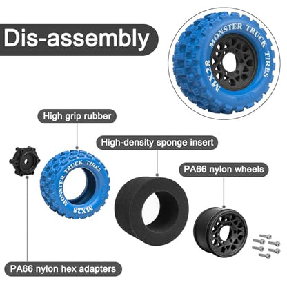 LRFHL MX28 F/R 2.8" RC Monster Truck Tires and Wheels 4PCS, Blue | 12mm/14mm Hex Adapter, 1/10 RC Monster Truck, Compatible with Traxxas Stampede Rustler Redcat Arrma Vorteks Big Rock Granite - color: Blue Tires+ Black Wheel-6