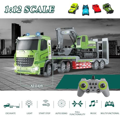 Fistone RC Semi-Trailer Truck & Excavator Toy Set, 1:12 Scale with Sound and Lights, 11CH 2.4Ghz Remote Control Flatbed Truck and Excavator Toys, Great Gift for Kids Boys - style: Flatbed Trailer & Excavator