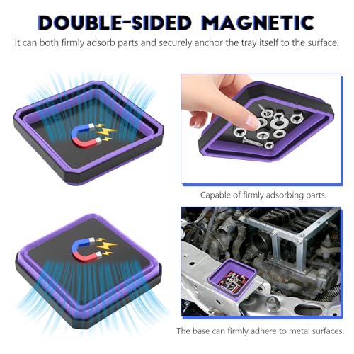 Collapsible Magnetic Parts Tray, 4.5 Inch Square Silicone Tray Holder with Double-Sided Magnetic Base, Foldable Tool Trays for Screw Bolts Nuts Pins Small Parts, Car Accessories (Purple) - color: Purple