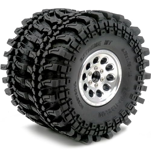 RC 1.9 Beadlock Wheels Rims Silver & XL Size 1.9 Tires 4.75" (121mm) Fit 1/10 Crawler Redcat Gen8 Traxxas TRX-4 Tamiay CC01 Axial SCX10 Mud Rock Crawler Badland Terrain, (4-Pack, Assembled) - color: Silver