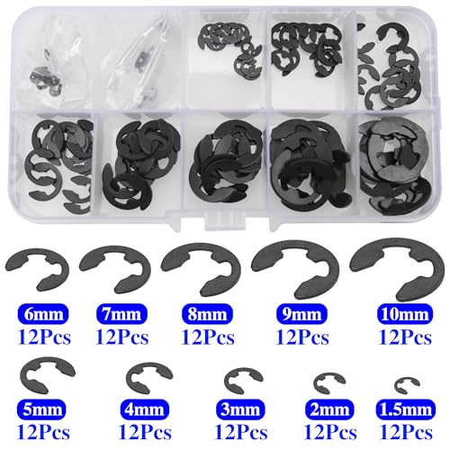 120Pcs Steel E-Clip Assortment Kit External Circlip Snap Rings E Clip (1.5mm-10mm) for Bearings Gears Pulleys Axles RC Shaft U Joint