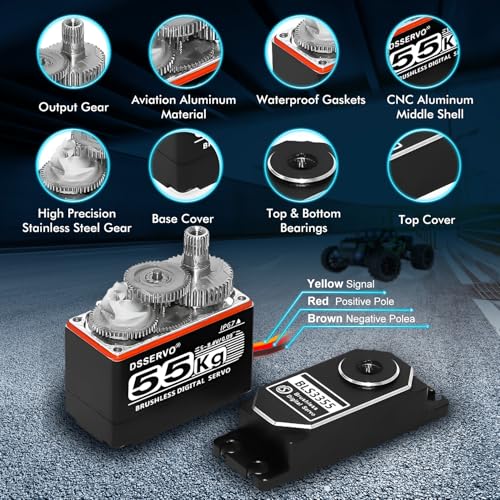 Brushless Servo 55KG Servo Full Metal High Torque Servo Digital RC Servo Motor for TRX4 TRX6 SCX10 III VS4-10 GEN7 1/10 RC Crawler Car Upgrade Parts High Torque Waterproof 180°