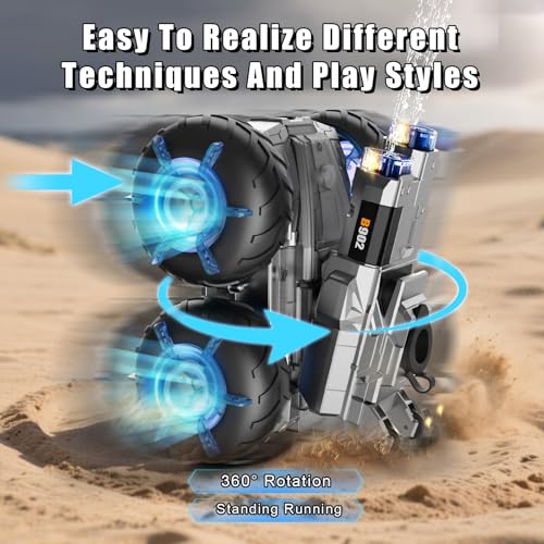 3-in-1 Amphibious RC Car & Boat 4WD All-Terrain Stunt Car | Gesture Sensing RC Trucks Toys Built-in Water Gun Swimming Pool Toys Birthday Gifts for 8 9 10 11 12 +Year Old Boys Girls - color: Blue