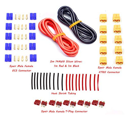 T-Plug EC3 XT60 Male Female Connector Adapters, 52PCS | With 14AWG Silicone Wire and Heat Shrink Tubes for RC ESC Lipo Battery Motor