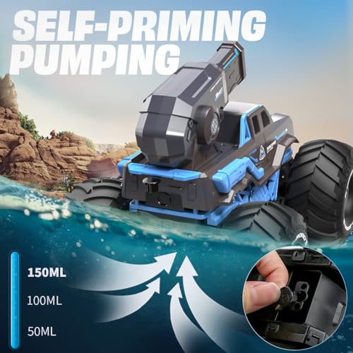 BEZGAR Remote Control Monster Truck, RC Boat Amphibious Cars Pickup Monstertruck with Shooting Water Gun - Pool Toys 4WD Waterproof All-terrian Off-Road Vehicles Gifts for Kids Boys Adults - color: Blue