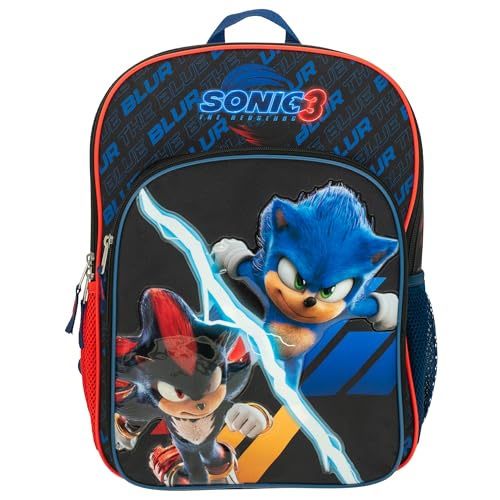AI ACCESSORY INNOVATIONS Sonic The Hedgehog 3 Movie Backpack for Boys & Girls, Bookbag featuring Sonic & Shadow, Schoolbag with Adjustable Shoulder Straps & Padded Back,16 Inch - color: Black/Blue