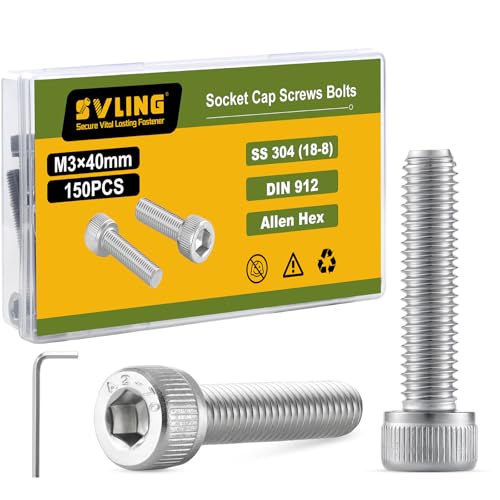 M3-0.5 x 40mm Bolt, 150PCS M3 Hex Socket Head Cap Screws Bolts, 304 Stainless Steel 18-8, Full Threads, with Hex Spanner - size: M3x40mm