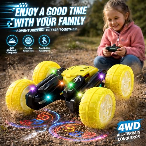 Remote Control Car for Kids, 360° Rotating Stunt Car, Double-Sided Driving, 2.4GHz RC Car, Rechargeable All-Terrain Toy, LED Glowing Wheels with Projection, for Boys & Girls Ages 4-8 - color: Yellow