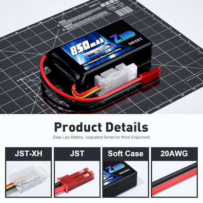 Zeee 2S Lipo Battery 850mAh 7.4V 50C with JST Connector (2 Pack) | Soft Pack RC Battery for FPV Drone Quadcopter Airplane RC Boat Helicopter RC Car RC Models