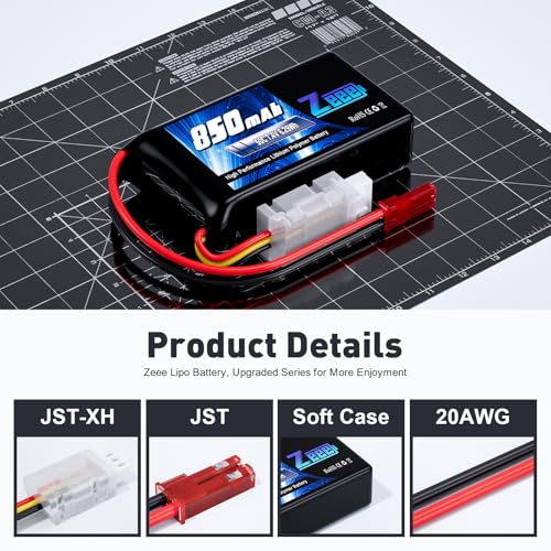 Zeee 2S Lipo Battery 850mAh 7.4V 50C with JST Connector (2 Pack) | Soft Pack RC Battery for FPV Drone Quadcopter Airplane RC Boat Helicopter RC Car RC Models