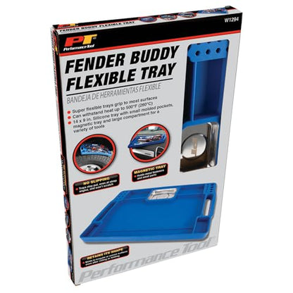 Performance Tool W1294 Fender Buddy Flexible Silicone Tool Tray | Non-slip automotive work tray. Molds to surfaces. Integrated magnetic parts tray and molded bit organizer - style: Fender Buddy Flexible