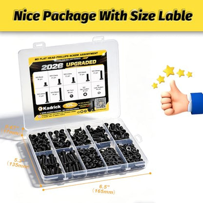 KADRICK 325Pcs M5 Countersunk Screw Kit,M5 Flat Head Bolts Nuts Washers | M5 Flat Phillips Head Screw Kit,Black Zinc Plated,Length of 8MM-30MM - size: M5 325Pcs 8-30mm