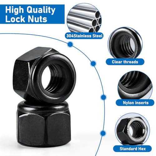 191 Pack Lock Nuts, Black 304 (A2-70) Nylon Insert Locknuts | M3 M4 M5 M6 M8 M10 M12 Lock Nuts, Stainless Steel Standard Inch Thread Nylock Nuts - color: Black, size: Metric