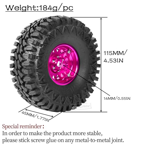 RC 1.9in Beadlock Wheels and Tires for 1/10 TRX4,Axia1 SCX10 II 90046 SCX10 III,D90 RC Crawler Car,Alloy 1.9in rc Beadlock Rims,Soft Rubber 1.9in rc Beadlock Tires,4pcs,Pink - color: Pink(4pcs)