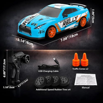 RC Drift Car Remote Control Car 2.4GHz 1:24 Scale 4WD 15KM/H High Speed Model Vehicle LED Lights Drifting Tire Racing Sport Toy for Adult Boys Girls Kids Gift 2Pcs Rechargeable Batterie - color: Light Blue