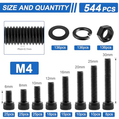 544Pcs UIETUIL M4 Hex Socket Head Cap Screws Kit, M4x6-30mm, 12.9 | M4x6/8/10/12/16/20/25/30mm Hex Socket Head Cap Bolts with Nuts & Washers, 12.9 Grade Alloy Steel, Anti-Rust for 3D Printer, - size: M4 Cap 12.9 - 544PCS