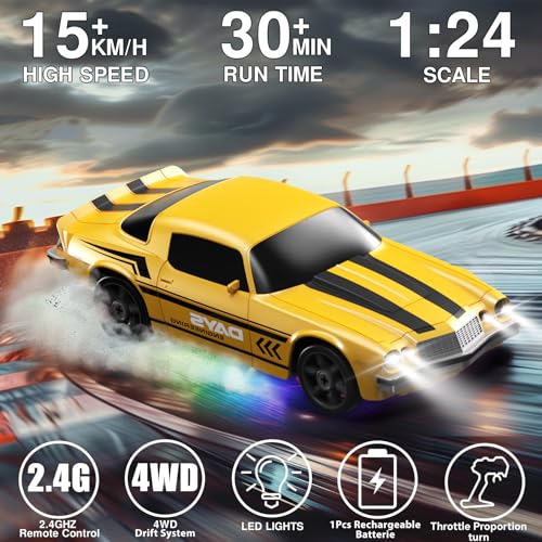 RC Drift Car 1:24 Remote Control Car 4WD 15KM/H High Speed Racing Sport Car with LED Lights RC Cars Toy for Kids Boys Girls Adults Gifts Birthday Christmas - color: Yellow