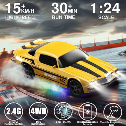 RC Drift Car 1:24 Remote Control Car 4WD 15KM/H High Speed Racing Sport Car with LED Lights RC Cars Toy for Kids Boys Girls Adults Gifts Birthday Christmas - color: Yellow
