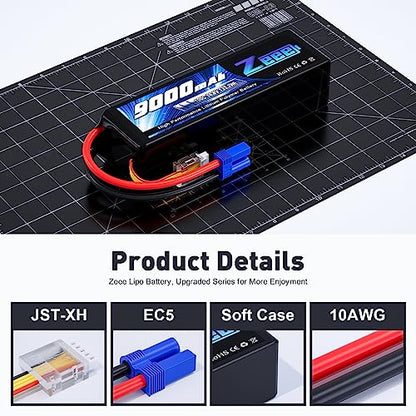 Zeee 4S Lipo Battery 9000mAh 14.8V 100C Soft Case RC Battery EC5 Connector with Metal Plates for RC Car Truck Tank Racing Models (2 Pack)