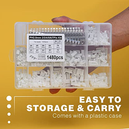 1480pcs 2.0mm Connector Kit, Compatible with JST-PH, Includes 2/3/4/5/6/7 Pin Housing Adapter Cable Connector Socket Male and and Female with Female Pin Crimping Dip - size: PH2.0 1480PCS