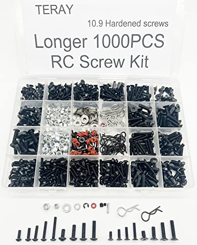 1000pcs Universal RC Screw Kit Screws Assortment Set, Hardware Fasteners for Traxxas Axial Redcat HPI Arrma SCX10 Losi 1/8 1/10 1/12 1/16 Scale RC Cars Trucks Crawler (1000pcs Longer RC Screws) - style: 1000pcs longer RC Screws