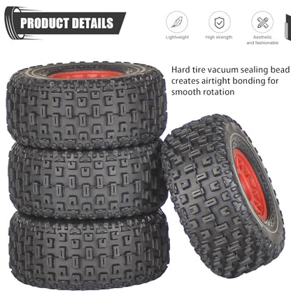 Pre-Glued 1/14 RC Truck Tires & Wheels (4PCS) - 12mm Hex All-Terrain Tires 2.56" OD - for Traxxas, ARRMA Mojave GROM,MJX Hyper Go 14301 14302 14303,Tamiya Kyosho HPI 1/14-1/18 Scale On/Off Road - color: Red