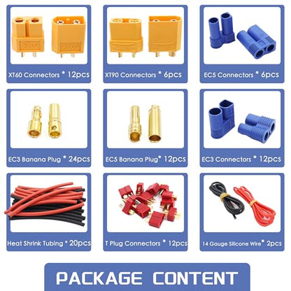 70 Pcs XT60 / XT90 /EC3 / EC5/T-Plug Deans Connector Adapters Kit | Male&Female Connector Adapters,14AWG Silicone Wire+Shrink Tubings for RC Battery Charger ESC Motor Accessories