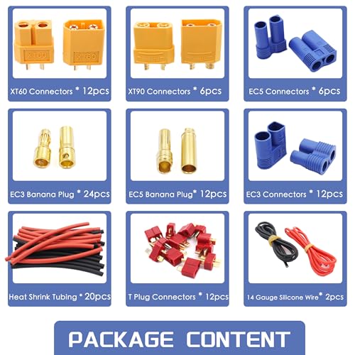 70 Pcs XT60 / XT90 /EC3 / EC5/T-Plug Deans Connector Adapters Kit | Male&Female Connector Adapters,14AWG Silicone Wire+Shrink Tubings for RC Battery Charger ESC Motor Accessories
