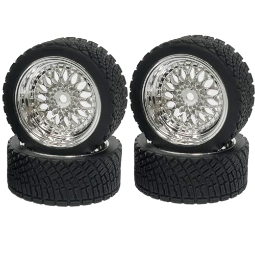 4PCS 65mm RC Rally Car Rubber Tires and Plastic Plating Wheel Rims Set 12mm Hex for 1/10 RC On-Road Rally Drift Racing Car for HSP Tamiya Sakura HPI WR8 HSP TT02 WLtoys (Silver) - color: Silver