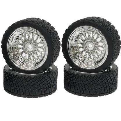 4PCS 65mm RC Rally Car Rubber Tires and Plastic Plating Wheel Rims Set 12mm Hex for 1/10 RC On-Road Rally Drift Racing Car for HSP Tamiya Sakura HPI WR8 HSP TT02 WLtoys (Silver) - color: Silver