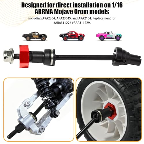 Hardened Steel CVD Drive Shafts Set with Adapters, Nuts, Center Drive Cups, Front Rear Dogbone Driveshaft Axles Upgrades Part for 1/16 Mojave Grom ARA2304, ARA2304S, ARA2104 (Black,Red) - color: Black-red